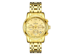 Relógio de pulso analógico de quartzo com pulseira ajustável em PU, à prova d'água, luxuoso, dourado.