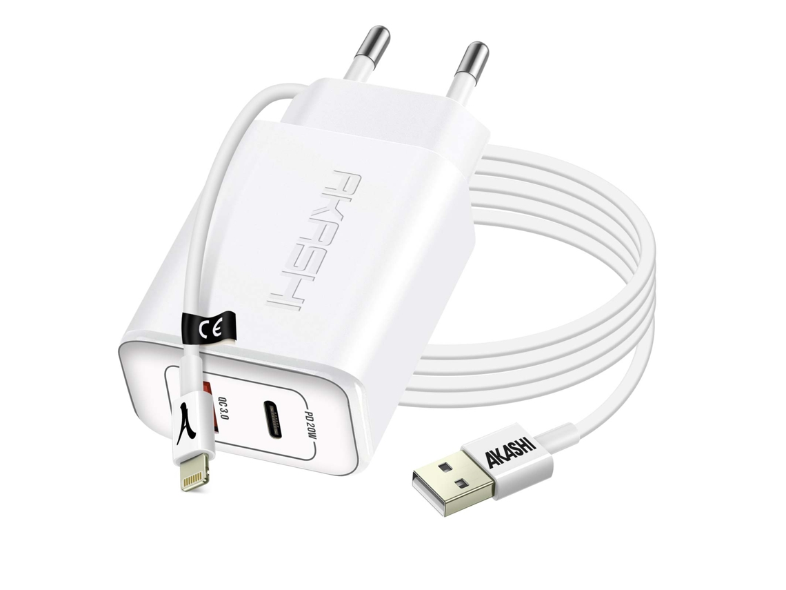 Carregador USB / USB-C 20W PD QC 3.0 com Cabo Lightning Akashi Branco