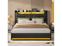 Cama De Casal 140x200 Com Armazenamento A Gás E Luz Led - Cama Estofada Preta De Pele Pu Com Cabeceira E Pé Iluminados E Estação De Carregamento