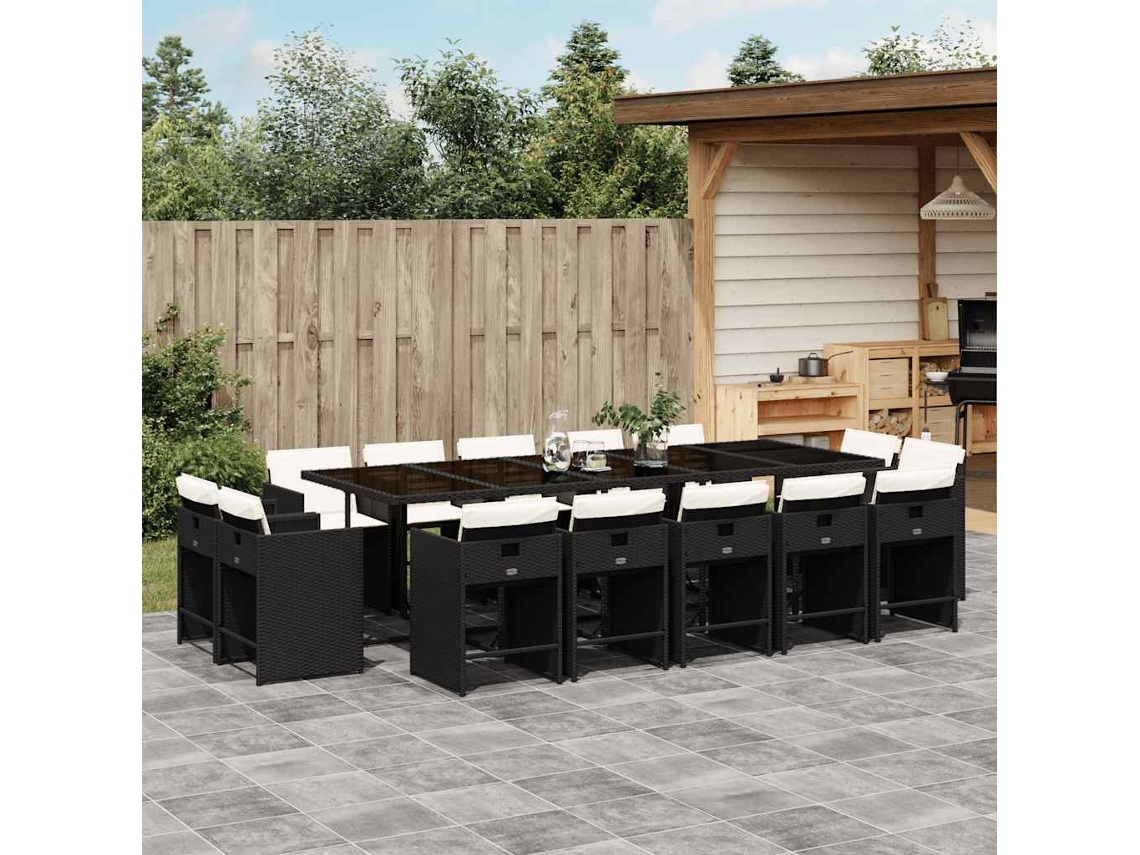Vidaxl 15 Pcs Conjunto De Jantar P/jardim Com Almofadões Vime Pe Preto