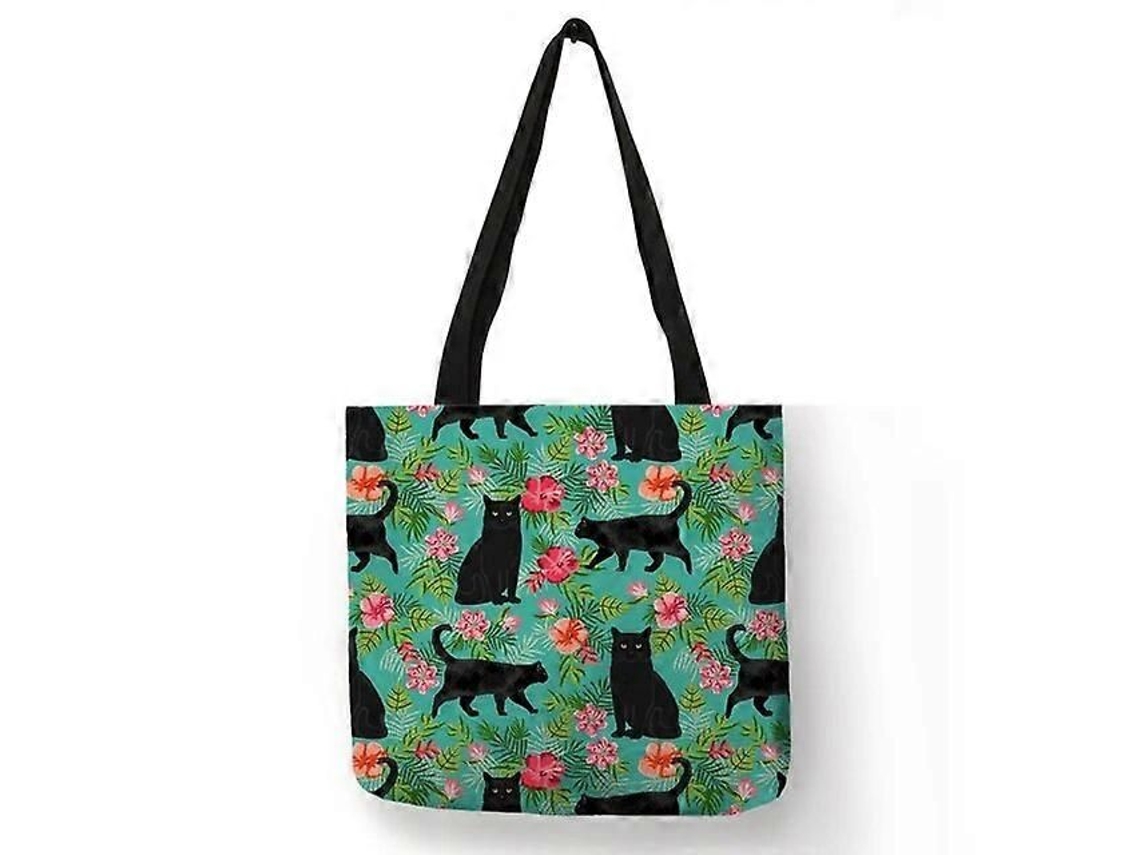 Bolsa de Compras Feminina com Estampa Floral Gatinho Desenho Animado, Ombro em Tecido Linho, Ec Ológica, Reutilizável e do GOKOCO