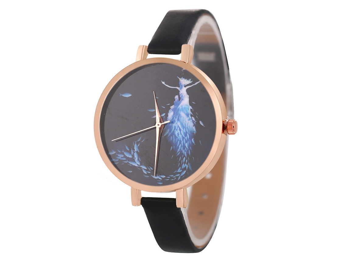 Relógio de Pulso Feminino de Quartzo com Pulseira de Couro Pu Estilo Simples Dial Redondo Preto