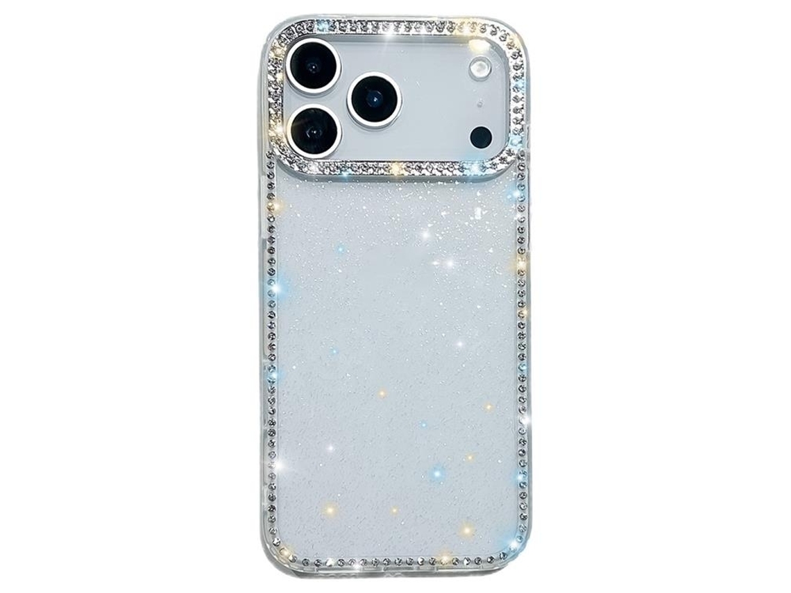 Capa Para Iphone 17 Pro Com Borda De Strass - Branca Com Glitter
