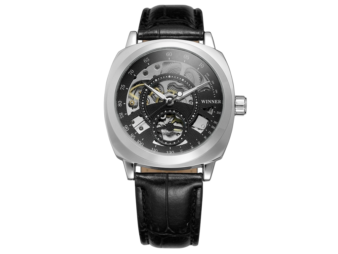 Relógio masculino mecânico automático à prova d'água com pulseira de couro PU preta.