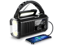 Rádio de Emergência AQUAFORGE com manivela, 10000mah, solar am/fm com previsão do tempo, carregamento usb c, lanterna e luz de leitura led
