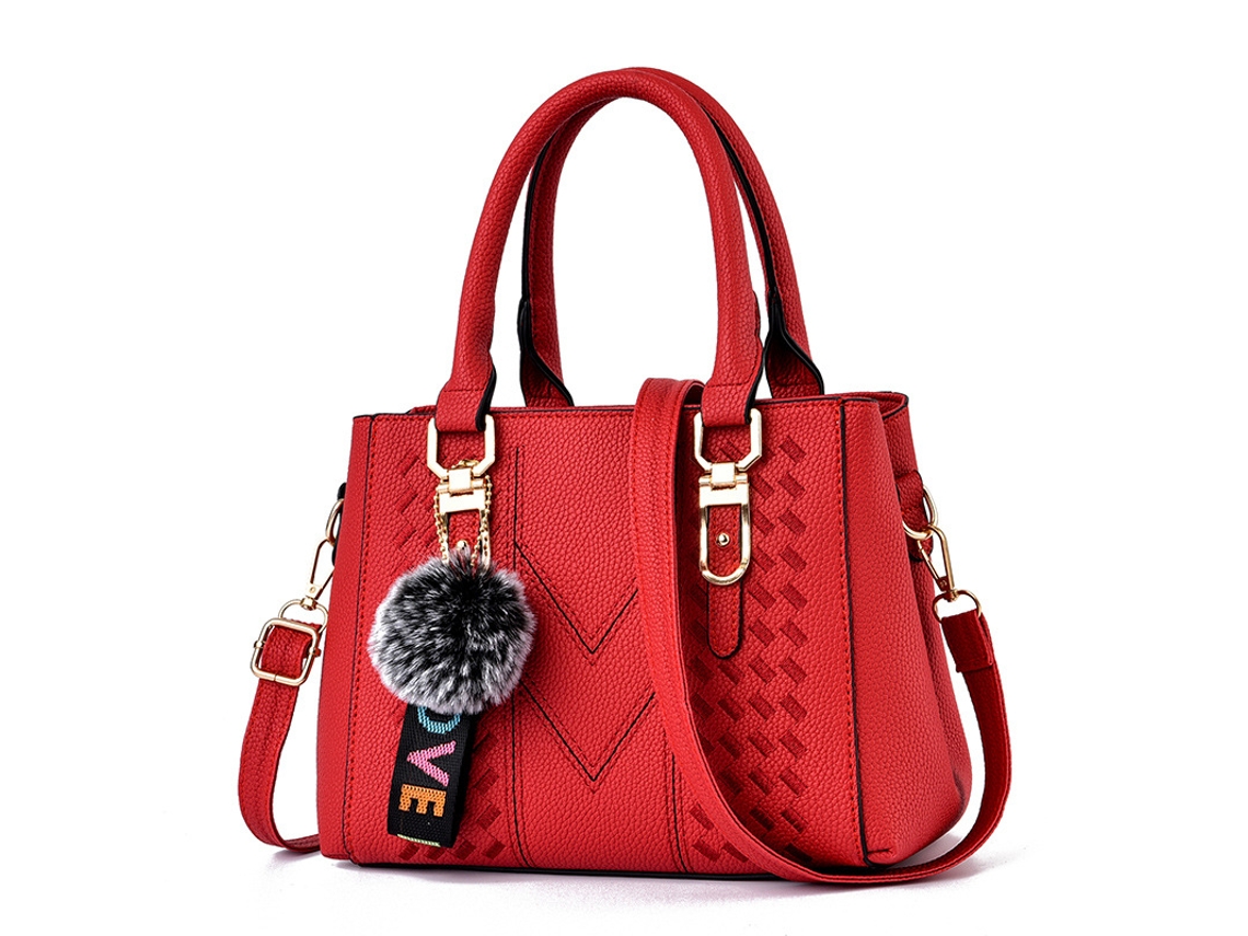 Bolsa Feminina de Grande Capacidade 2026, Bolsa de Ombro, Chaveiro com Pompom, Bolsa Pequena vermelho YUNZII