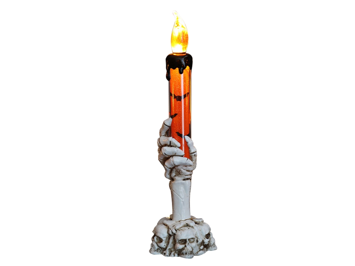 Castiçal de Halloween em formato de caveira com mão esquelética, luz sem chama, luminária decorativa laranja para festas e bares (2026).