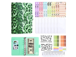 A6 Leopard Macaron Loose Leaf Cash Budget Planner Notebook With Green Cover, 8-zipper Pockets, 12-cash Budget Cards