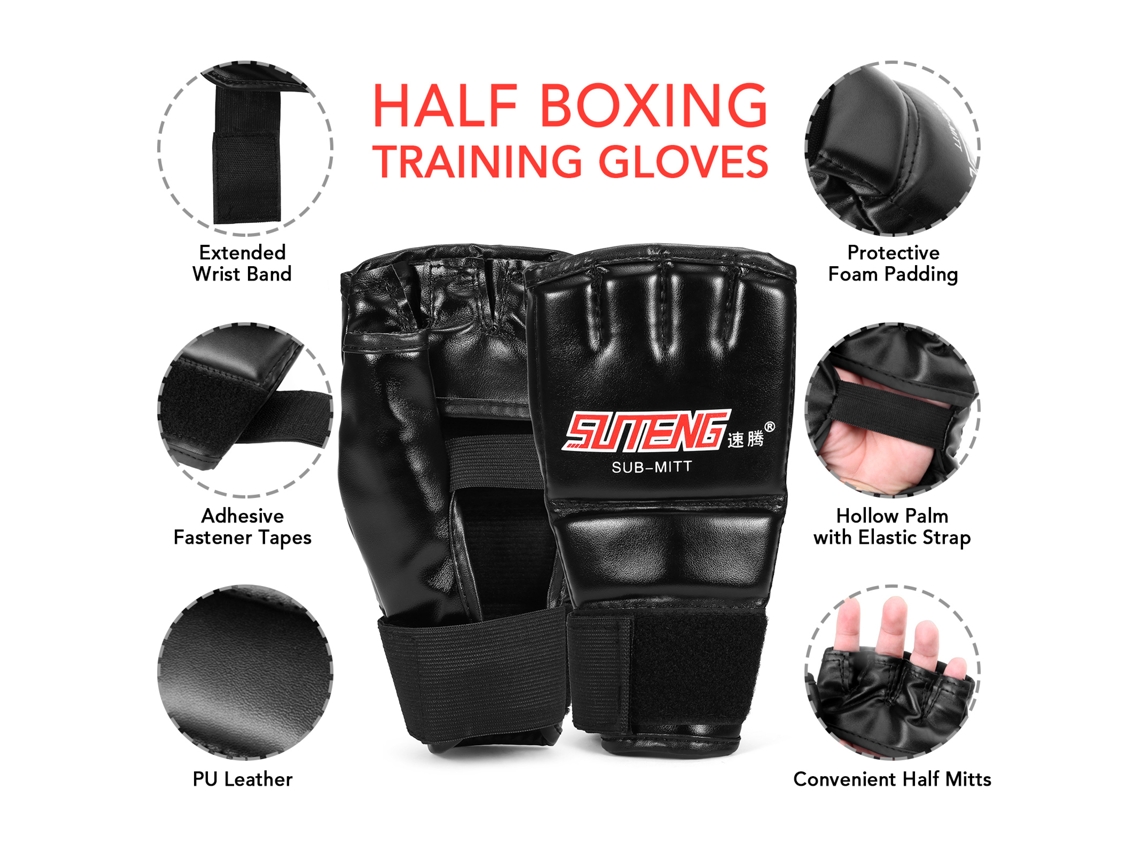 Luvas De Boxe Meia Mão De Couro Pu Para Treinamento Muay Thai Sparring Vermelho