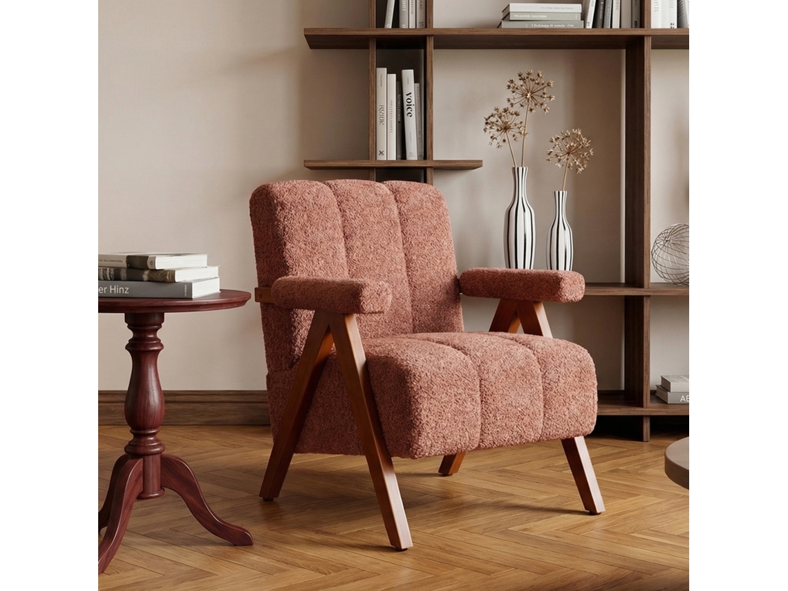Poltrona Bouclé Com Estrutura De Madeira, Braços, Para Sala De Estar Ou Quarto, Vermelho Enferrujado.