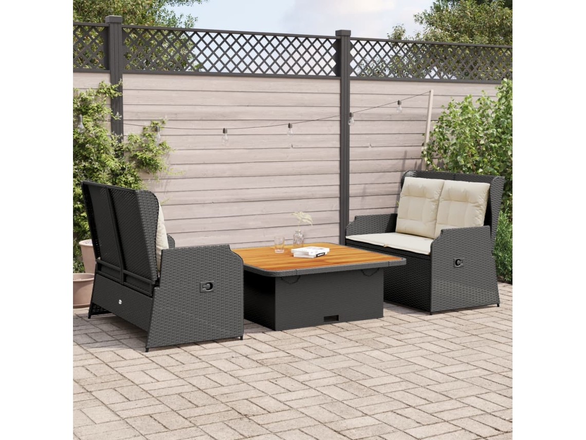 Vidaxl 3 Pcs Conjunto Lounge De Jardim C/ Almofadões Vime Pe Preto