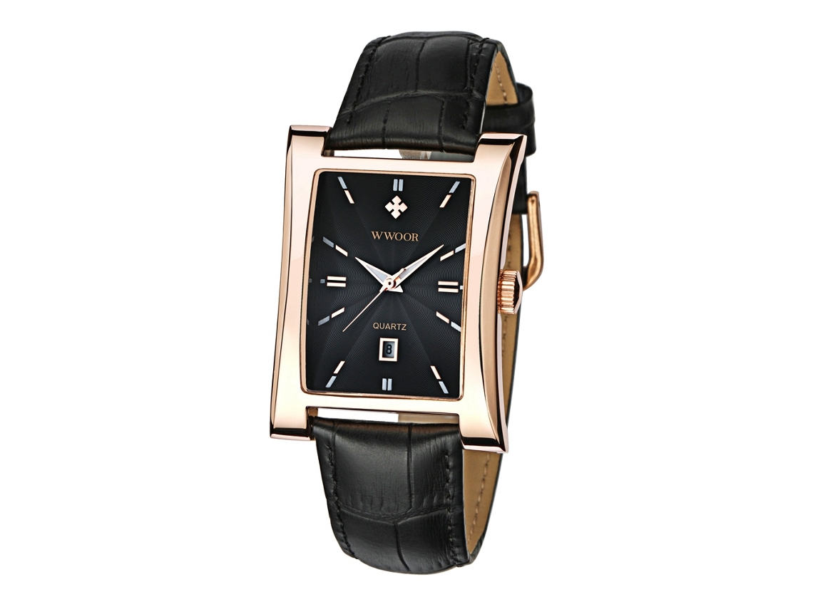 Reloj De Pulsera Para Hombre Wwoor De Cuero Pu Rectangular Resistente Al Agua (oro Negro)