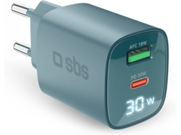 Carregador SBS Power Control com Ecrã LCD (30W - USB-C/USB-A - Azul)