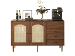Cômoda Rural Com Portas De Rattan – 130x75,5x40 Cm – Fecho Magnético, Prateleiras Ajustáveis, Estrutura Firme – Design Elegante E Versátil.