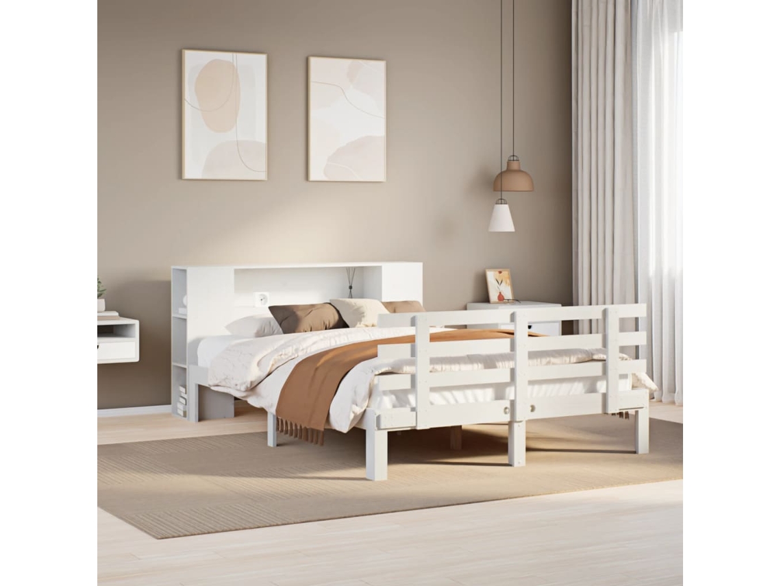 Vidaxl Cama Com Estante Sem Colchão 150x200 Cm Pinho Maciço Branco