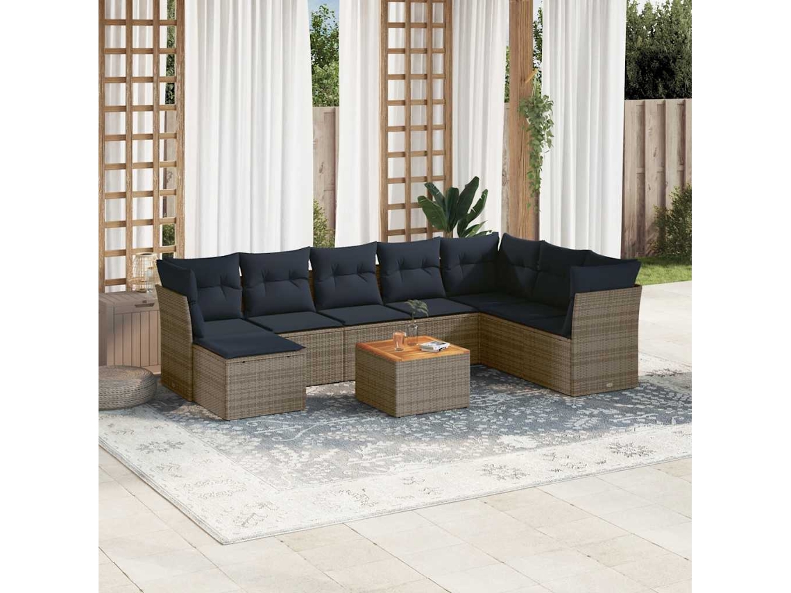 Vidaxl Conjunto De Sofá De Jardim De 9 Peças Com Almofadas Em Rattan Sintético Cinza