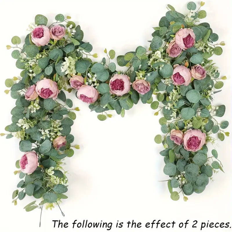 Guirlanda de Flores Artificiais , Peônia e Roseira, Verde, Decoração para Parede AQUAFORGE (2 Peças)