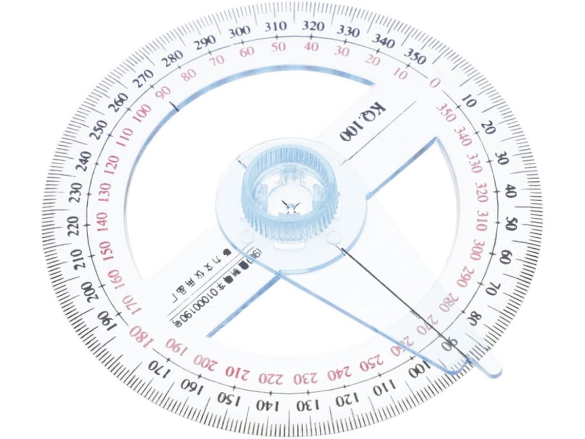 Transferidor circular de plástico com rotação de 360°, marcações nítidas para medições precisas, adequado para desenvolvimento técnico.
