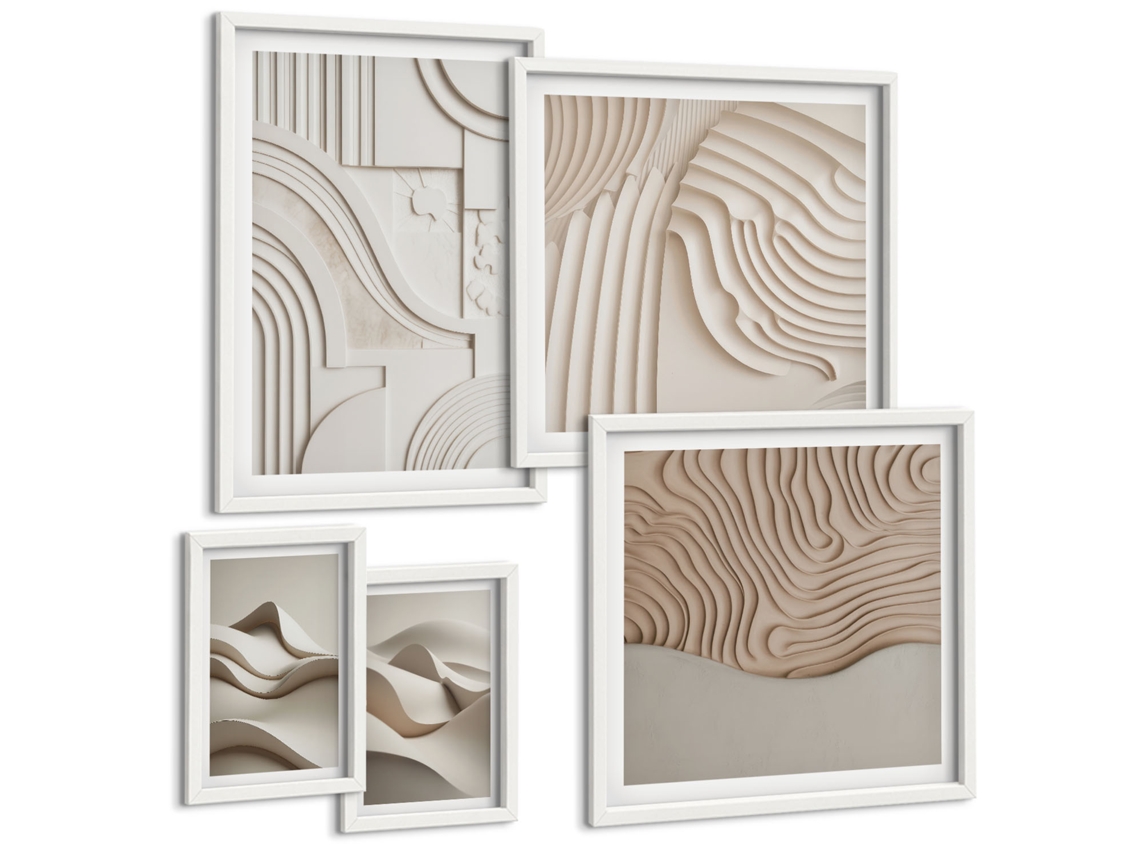 Conjunto De Pinturas Estruturas Abstratas Bege-branco Espelharte (5 Peças)