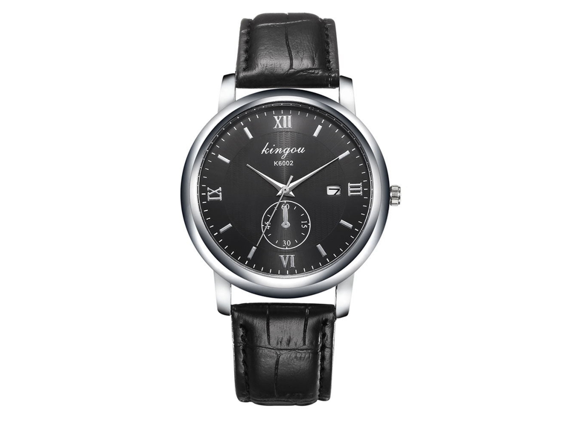 Relógio analógico masculino elegante em couro e liga metálica K6002-b preto
