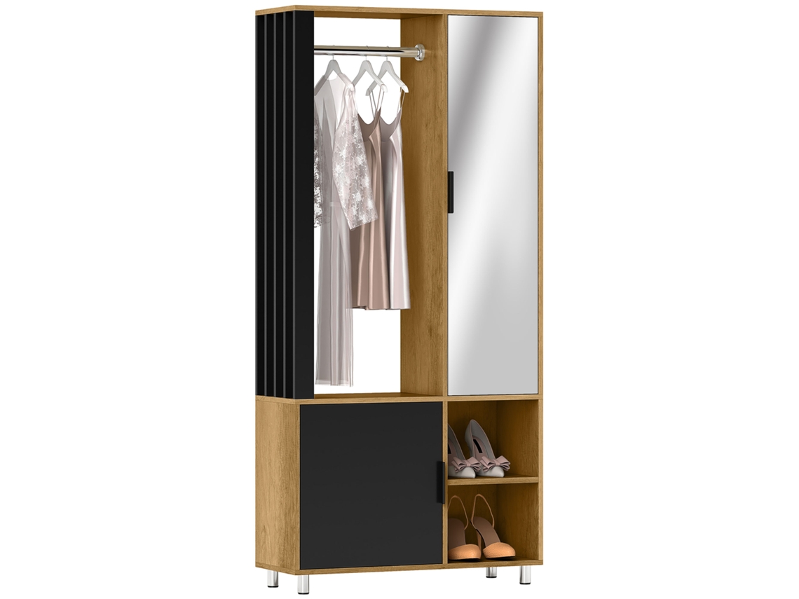 Guarda roupa com Porta Espelhada, Cabideiro, 2 Compartimentos Abertos, 80x30x170 Cm, Cores Natural e Preta. NOVAVEST COM