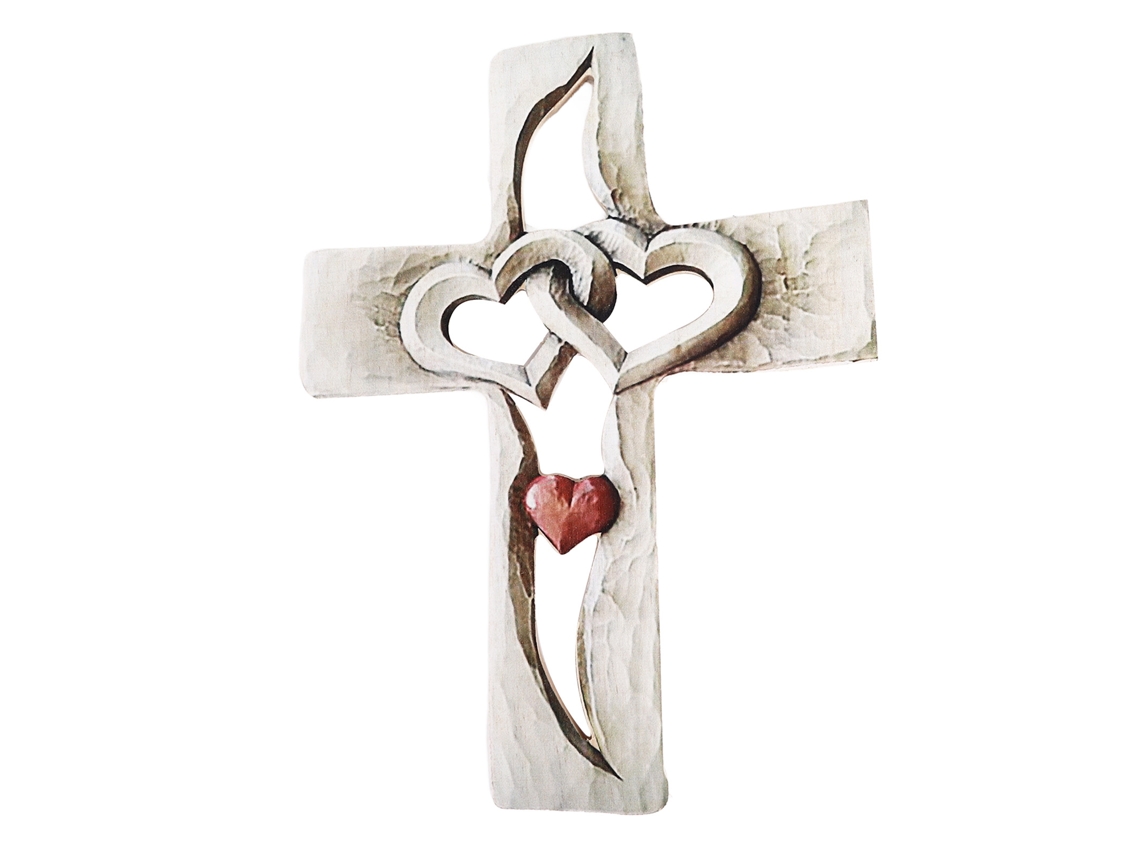 Cruz de madeira esculpida com corações entrelaçados decorativa parede sala quarto estudo S/MARCA