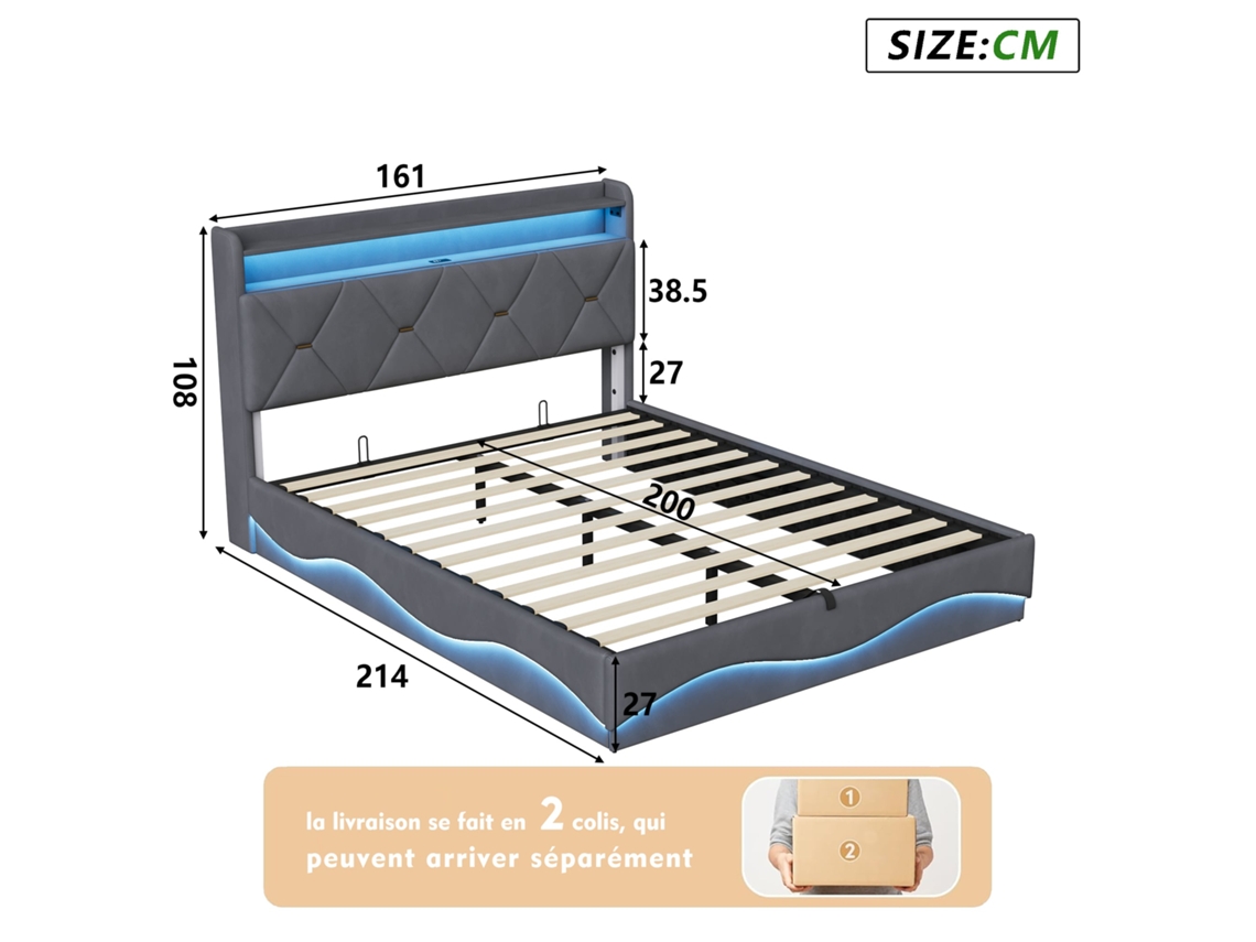 Cama de Casal 160x200 Cm em Linho Cinza, Led, Usb, Gavetas, SIMURQ
