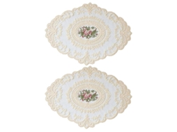 Mantel De Mesa De Encaje Bordado Ovalado 2 Piezas Ecológico 37x29cm Color Beige Estilo Europeo