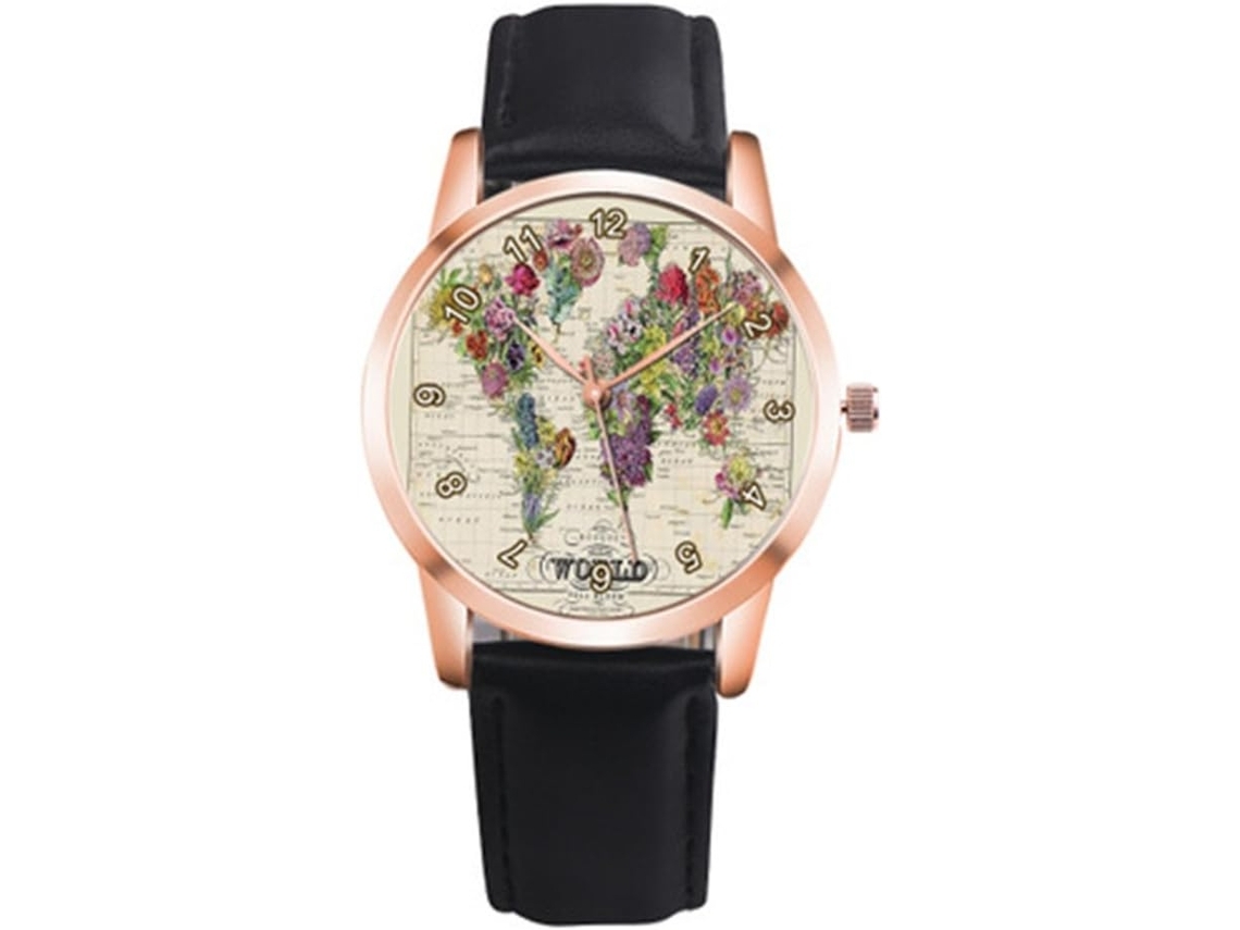 Relógio Casual de Quartzo com Bracelete em Pele com Mapa de Flores