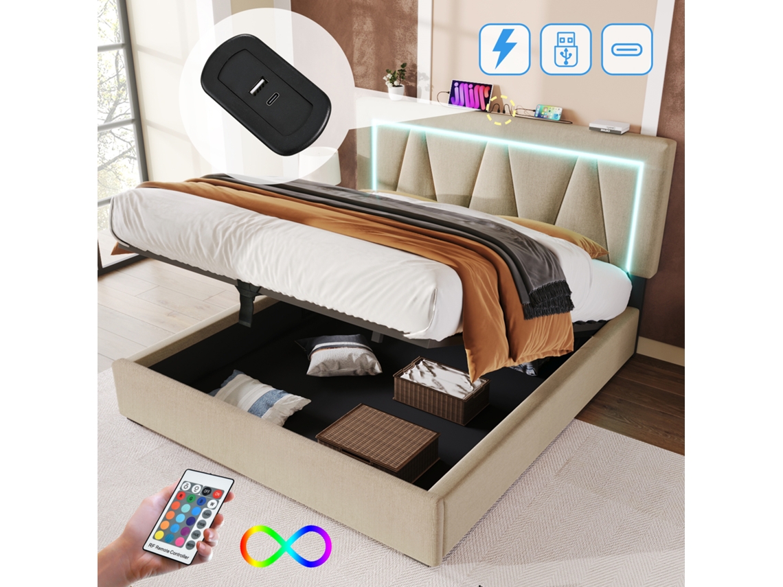 Cama Box Led Casal Com Usb Tipo C, Iluminação Led E Armazenamento, Estrutura Em Linho 160x200 Cm Com Estrado Ehstmind (inclui Colchão)