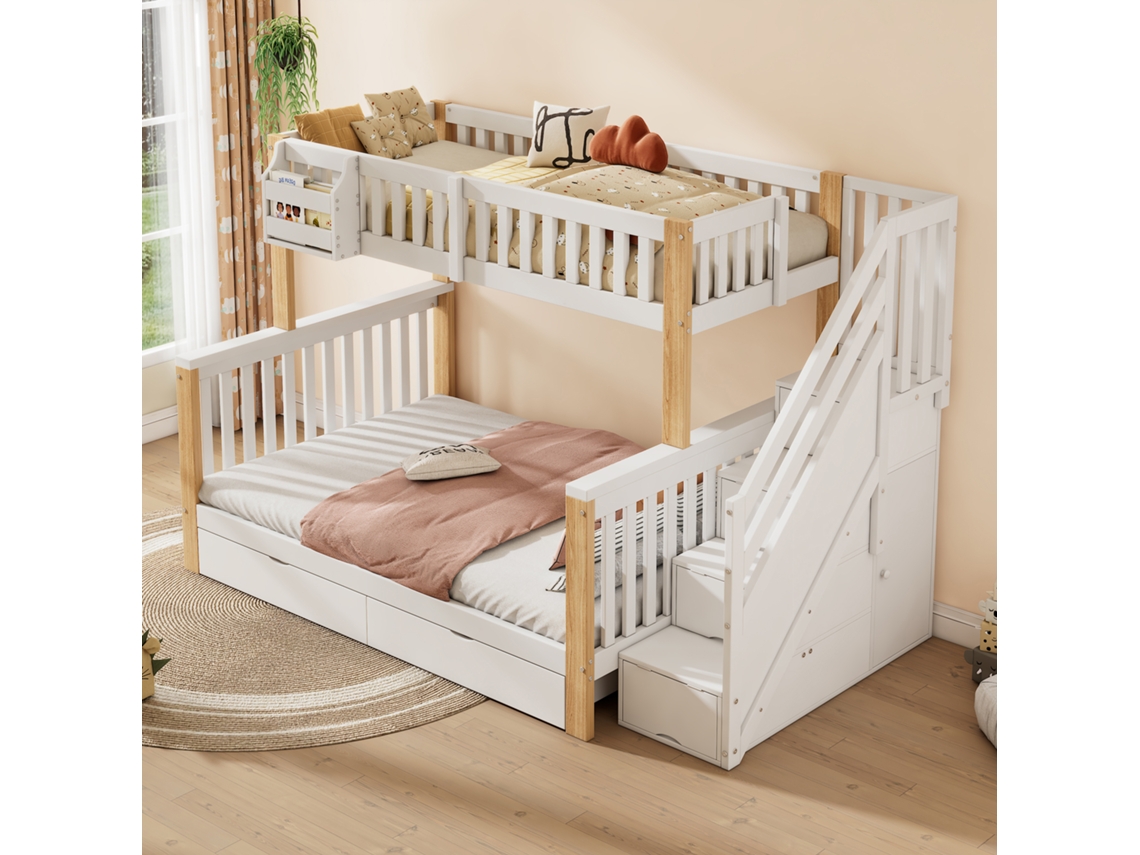 Cama Beliche Infantil Multifuncional Com Cesto, Gaveta, Escada E Armário, Sem Colchão, Branco E Natural Liptaptyn