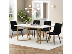 Conjunto Jantar 5pç, Mesa 140x80cm Branca + 4 Cadeiras Veludo Verde, Pernas Douradas.-qq