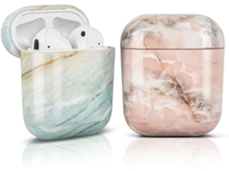 Capa Couro Mármore Bege/rosa Para Airpods 1/2, Anti-choque, Compatível Qi