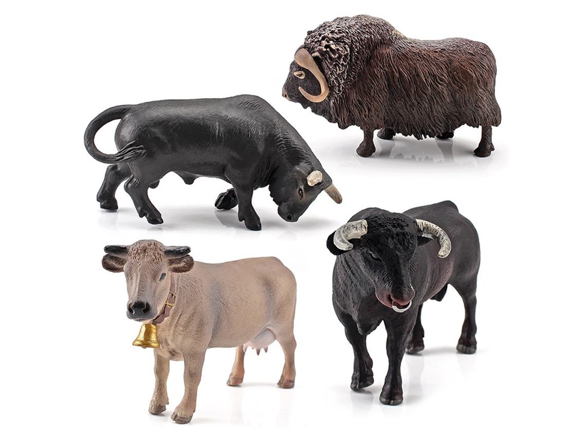 4 figuras de bovinos em PVC para decoração de brinquedo infantil