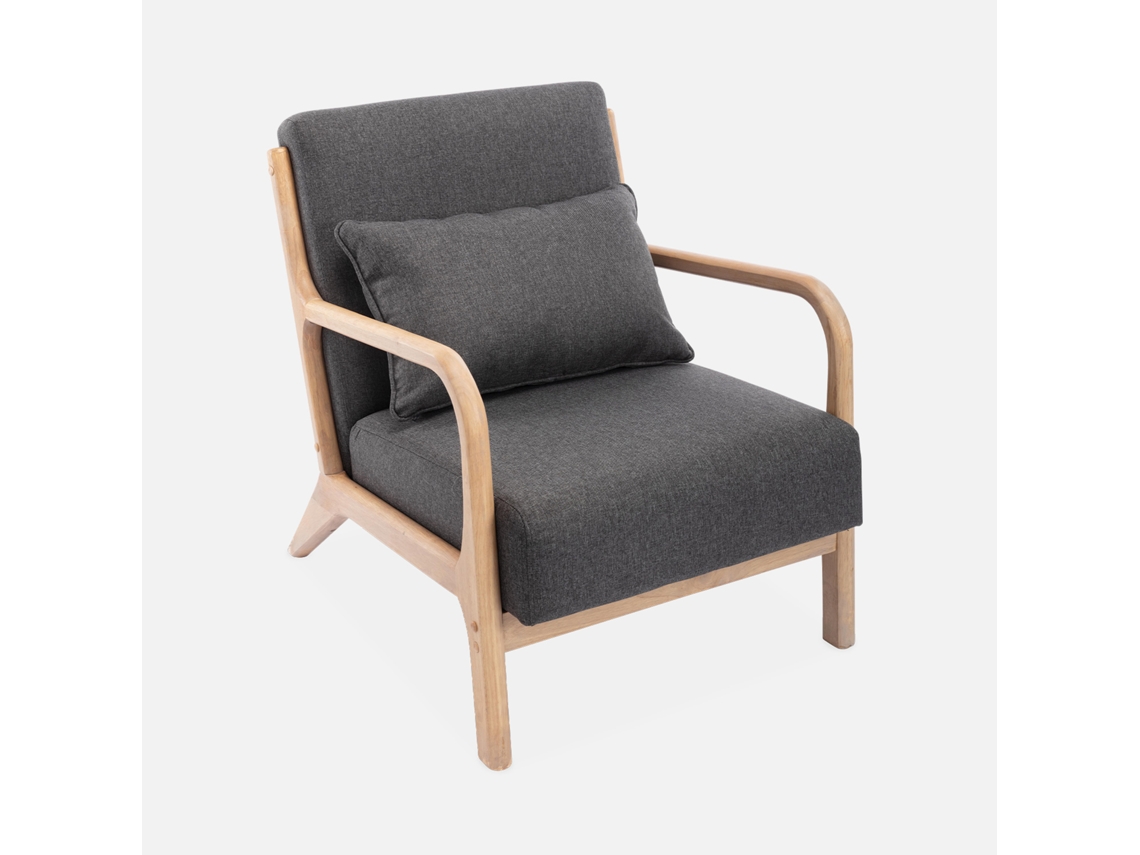 Cadeirão de Design Cinzento-Escuro em Madeira e Tecido com Pernas de Bússola Escandinavas Lorens