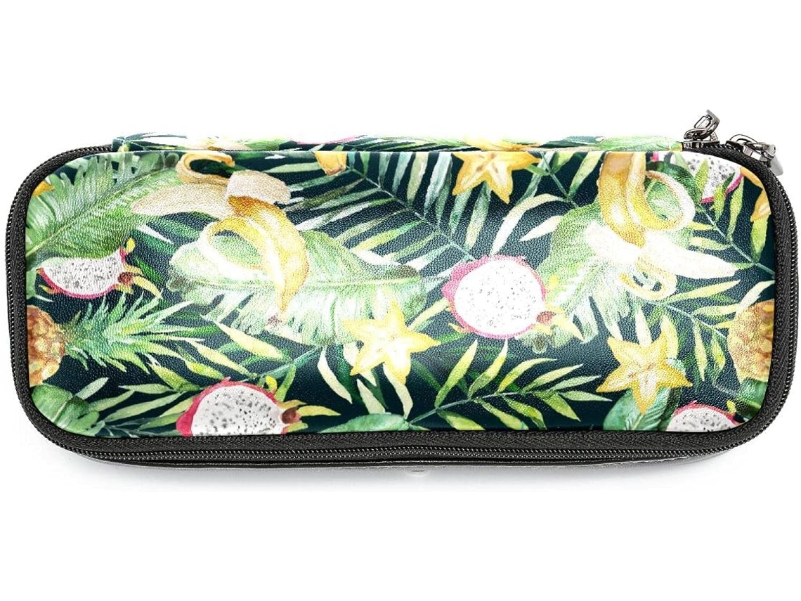 Estojo Grande Verde Lápis De Aquarela Com Estampa Folhas Palmeira E Bananeira, Bolsa Organizadora, Nécessaire