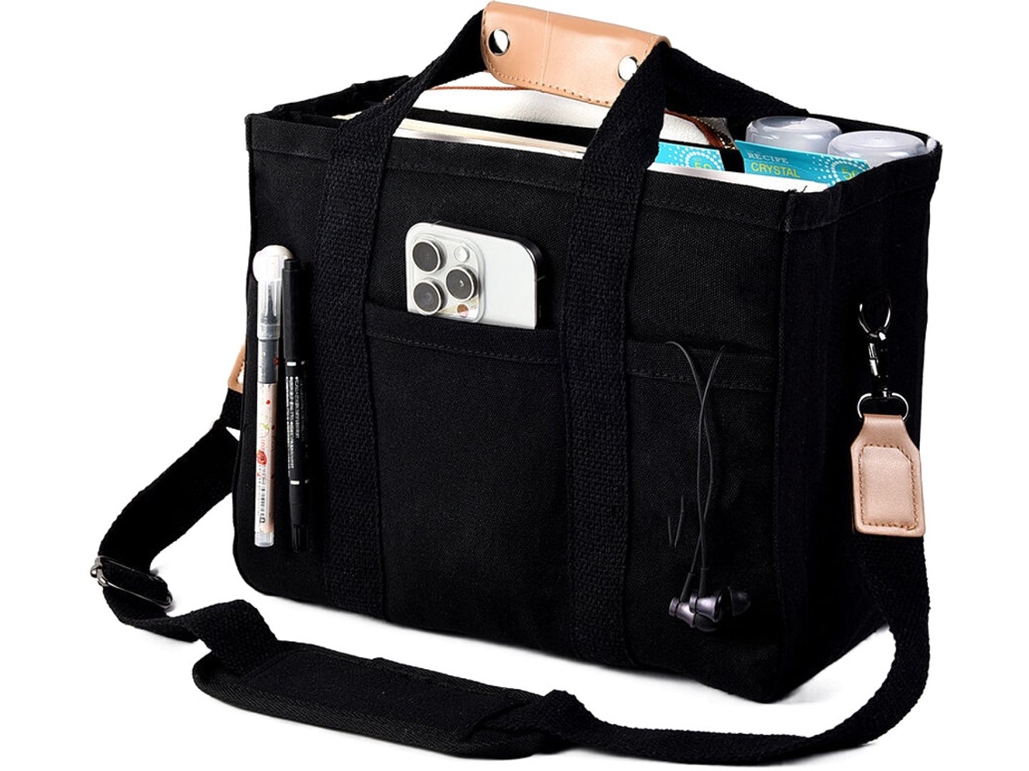 Bolsa AQUAFORGE Feminina 30x15x25cm Reutilizável em Lona com Vários Bolsos Estilo Sacola de Compras Preta