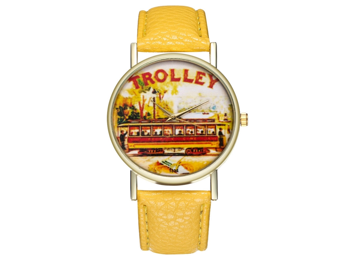 Reloj De Pulsera Unisex De Cuarzo Con Correa De Pu Y Dial Redondo Patrón Trolley (amarillo)