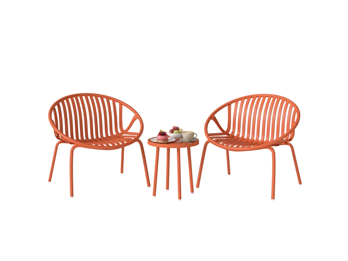Conjunto de móveis CHEZMOI estilo bistrô 3 peças com mesa de centro côncava, aço e polipropileno, vermelho tijolo