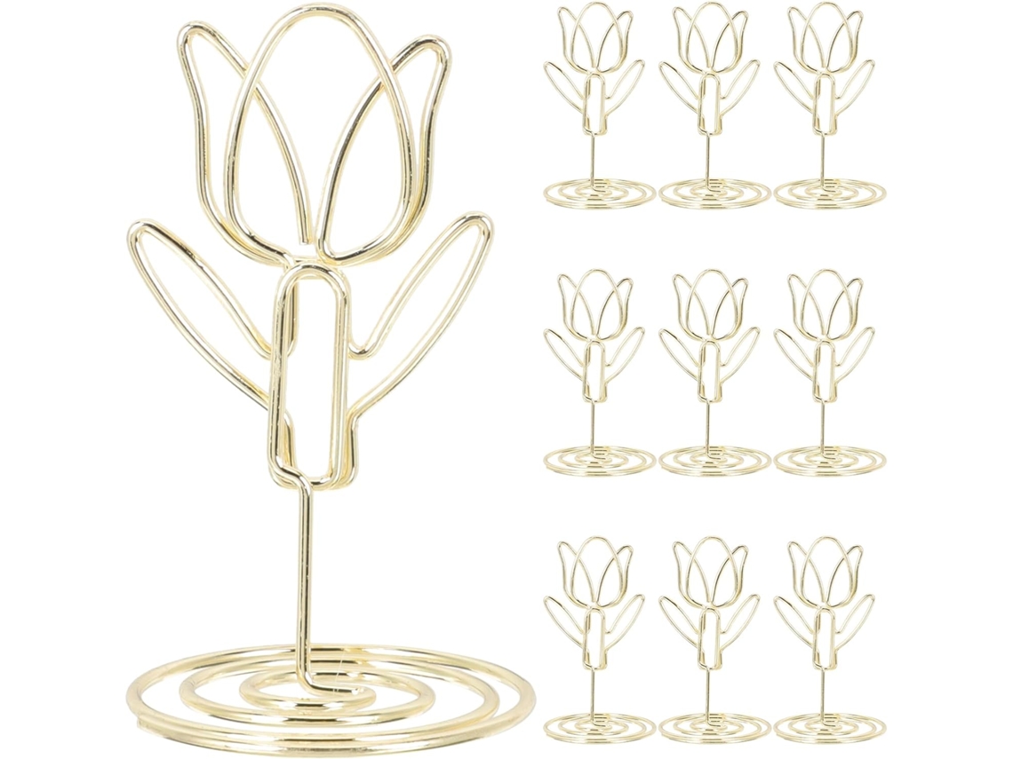 Conjunto 10 Porta Retratos Metal Dourado Prendedores Criativos Menus Formato Tulipa Números Casamento Recados GOKOCO