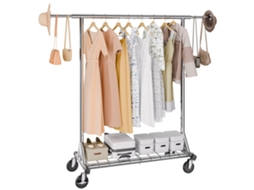 Cabideiro de Chão para Roupas com 4 Rodas, 1 Prateleira e 2 Barras, Comprimento Extensível 128 a 191 Cm, Altura 144 187 Aço Capacidade Carga 272 Kg,