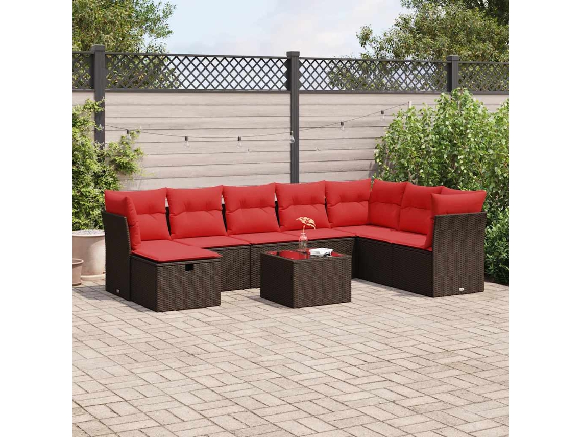Vidaxl 9 Pcs Conjunto Sofás P/ Jardim C/ Almofadões Vime Pe Castanho