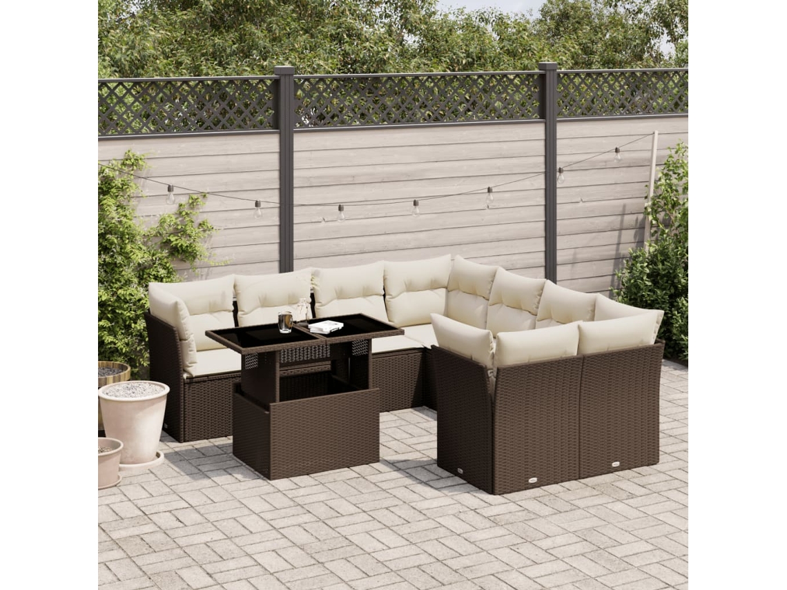 Vidaxl 9 Pcs Conjunto Sofás P/ Jardim C/ Almofadões Vime Pe Castanho
