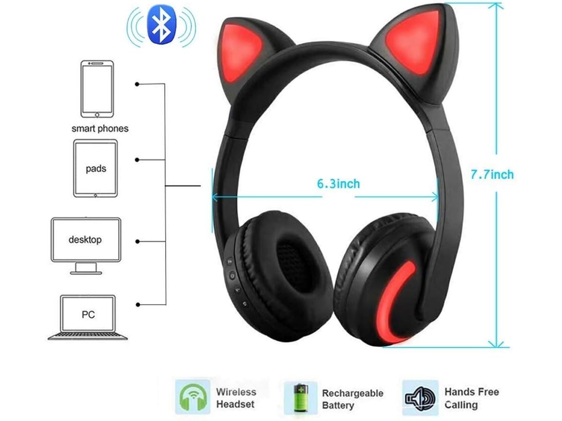 Fone De Ouvido Orelha Gato Led Com 7 Cor Luz Headphone