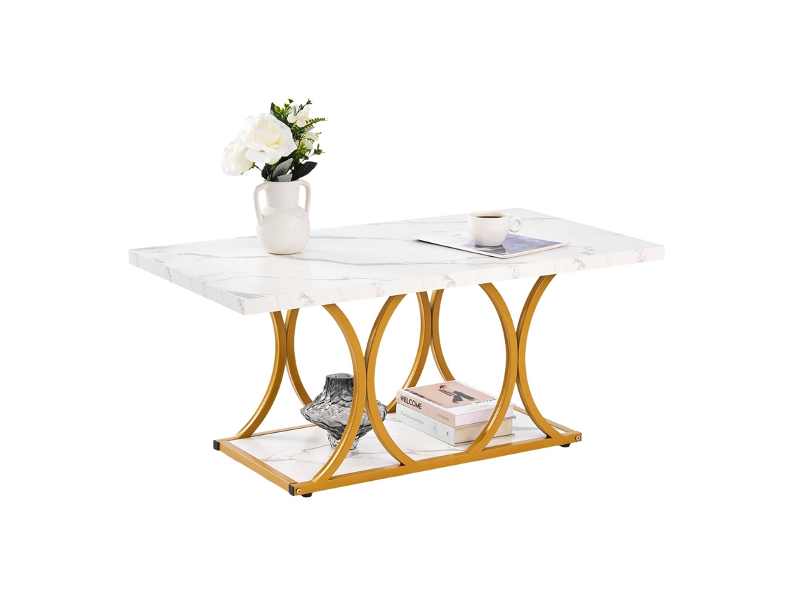 Mesa Auxiliar 2 Níveis Retangular Aspecto Mármore Branco 100 X 55 X 45 Cm Vevor