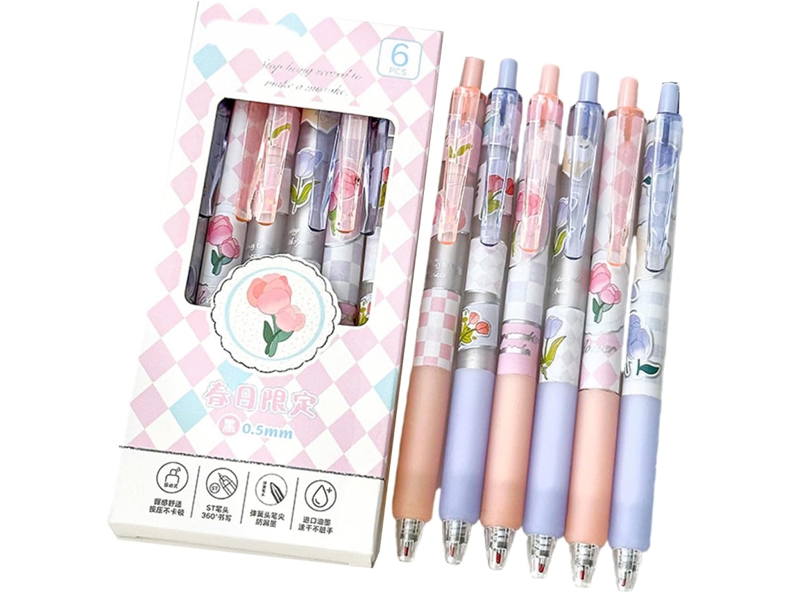 Conjunto De 6 Canetas Gel Retráteis Com Estampa Floral, Tinta Preta