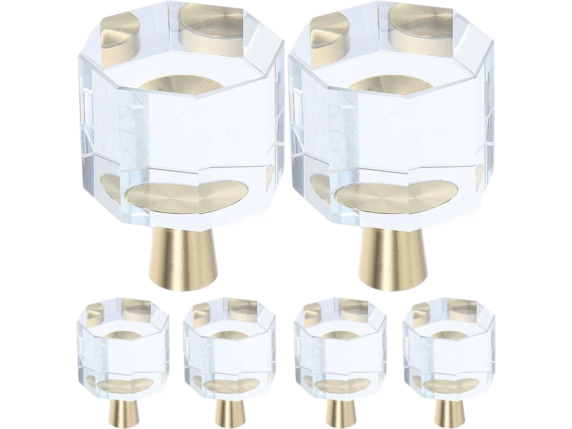 Conjunto De 6 Puxadores Octogonais Cristal Para Armário, Em Latão E Vidro
