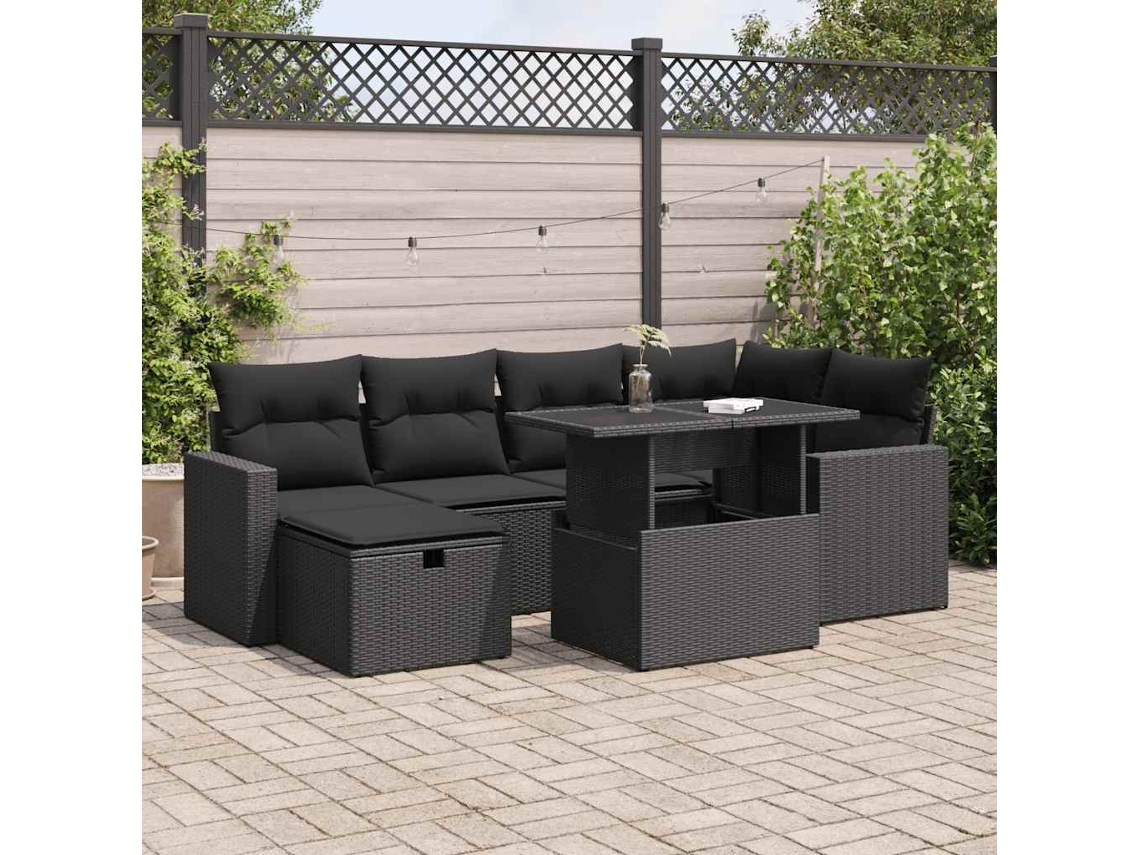 Vidaxl 7 Pcs Conjunto De Sofás P/ Jardim C/ Almofadões Vime Pe Preto