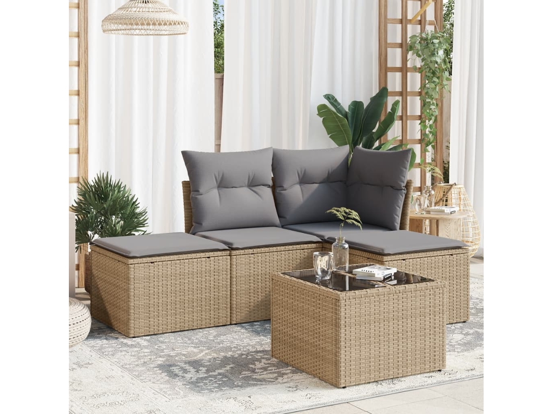 Vidaxl 5 Pcs Conjunto De Sofás P/ Jardim Com Almofadões Vime Pe Bege