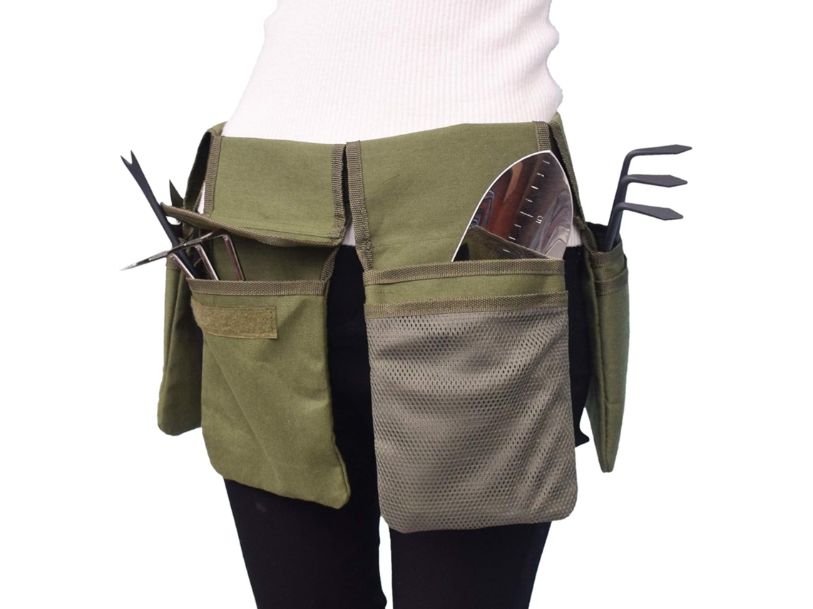 Cinto para ferramentas de jardim em lona resistente com bolsas, bolsa organizadora frontal e design ergonômico para uso doméstico.